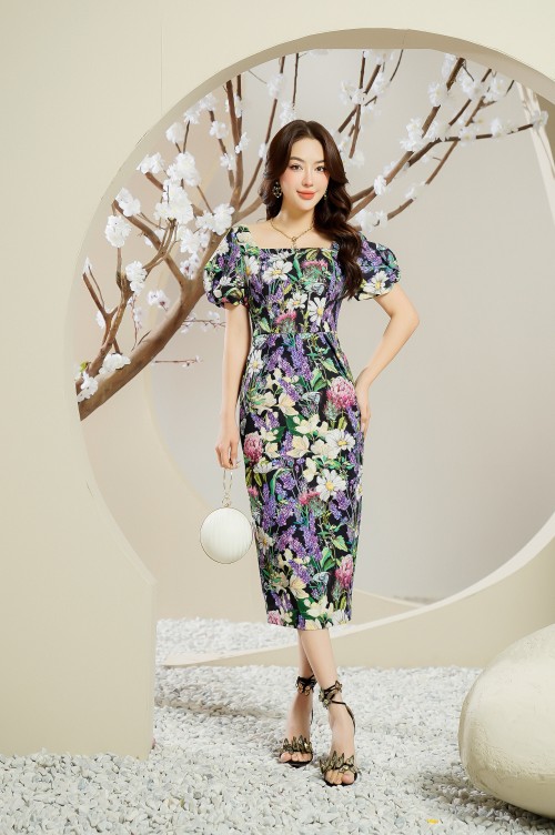 Sixdo Black Floral Puff-sleeves Midi Dress